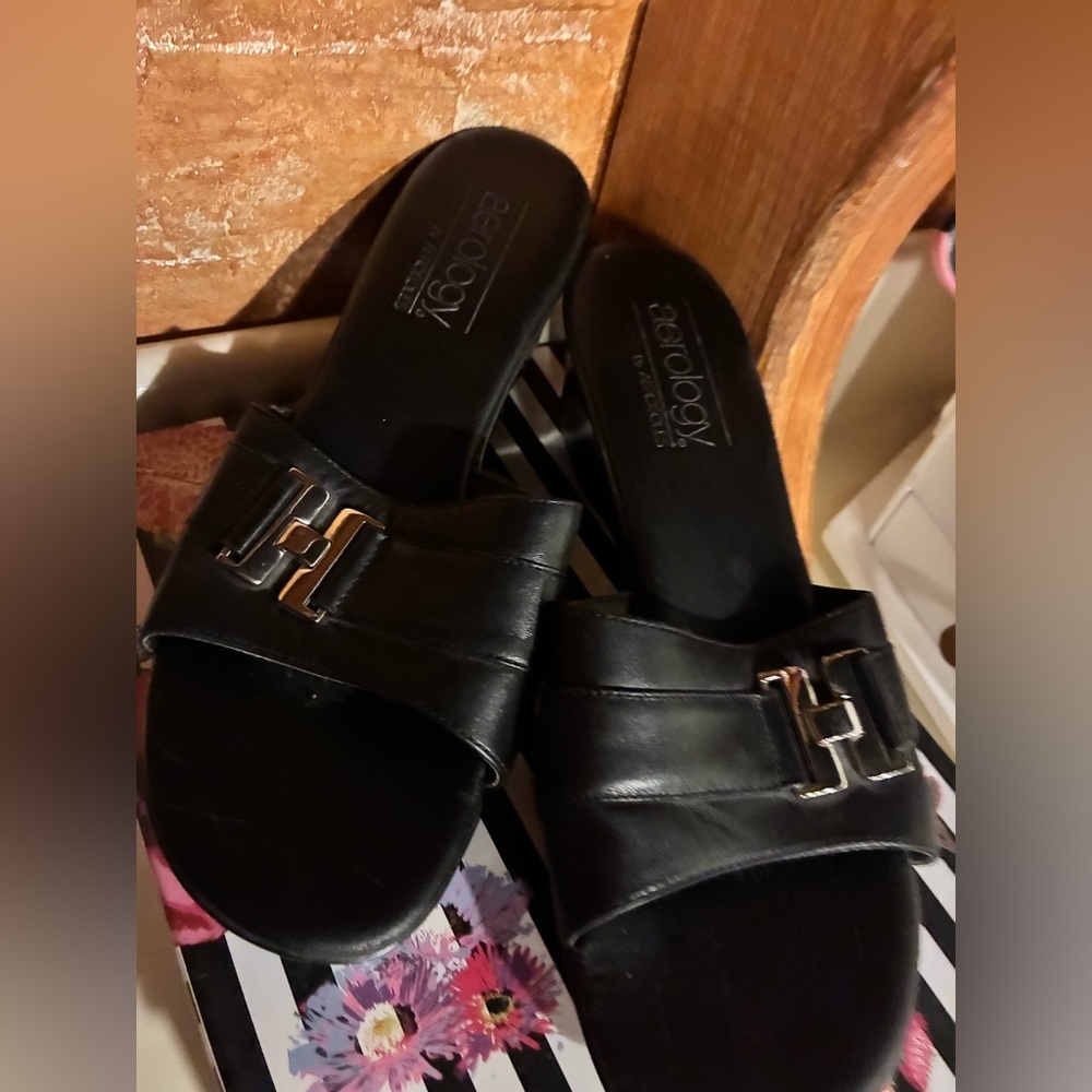 Aerology Black Leather Slide Sandals
